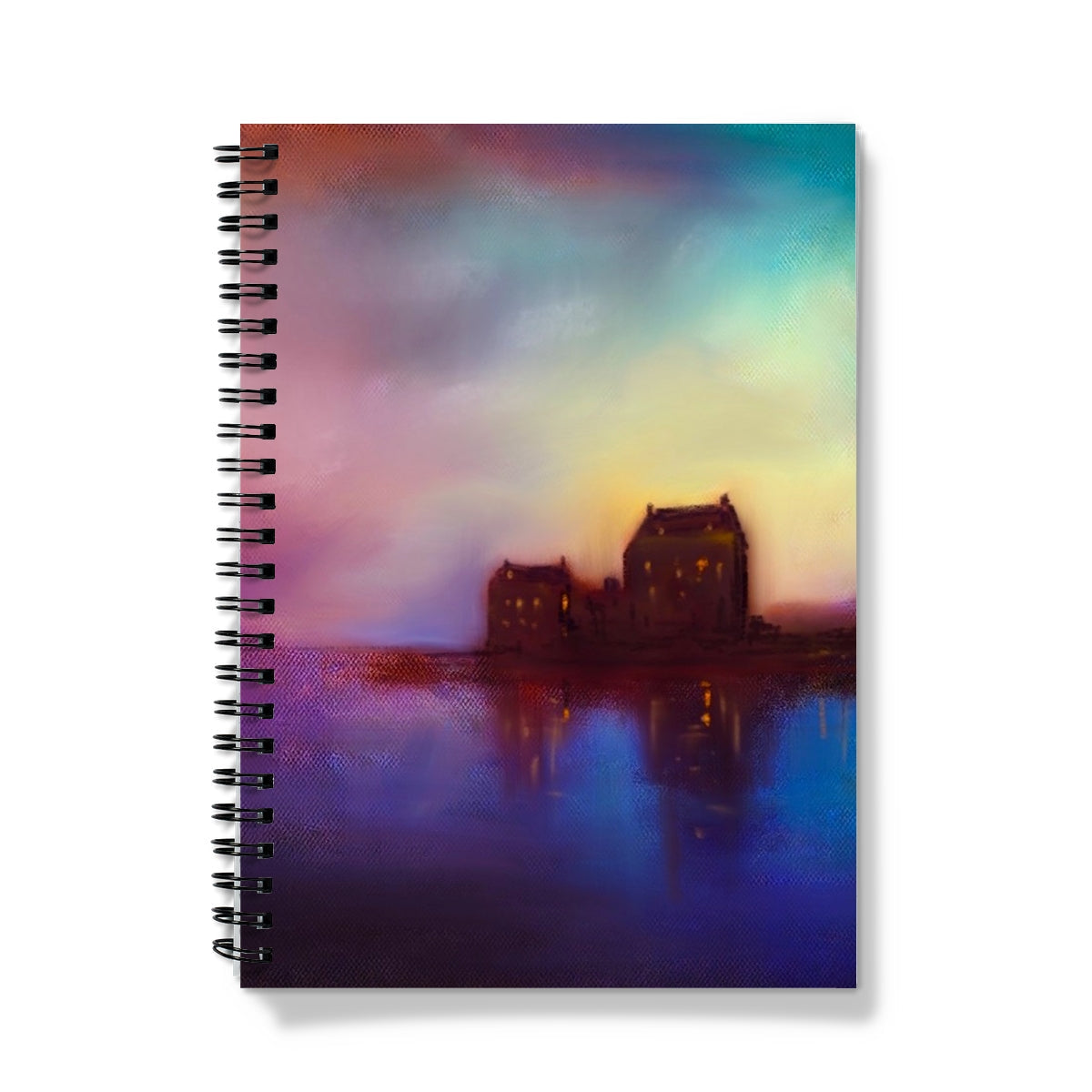 Eilean Donan Castle Sunset Notebook with abstract colorful sunset over water and houses