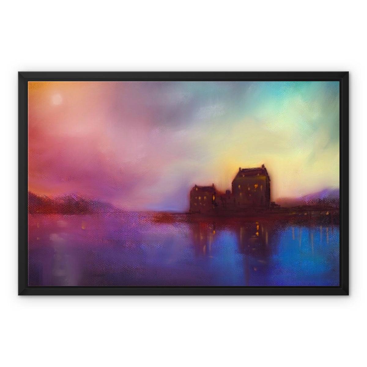 Eilean Donan Castle Sunset Painting | Framed Canvas From Scotland-Floating Framed Canvas Prints-Historic & Iconic Scotland Art Gallery-24"x18"-Black Frame-Paintings, Prints, Homeware, Art Gifts From Scotland By Scottish Artist Kevin Hunter