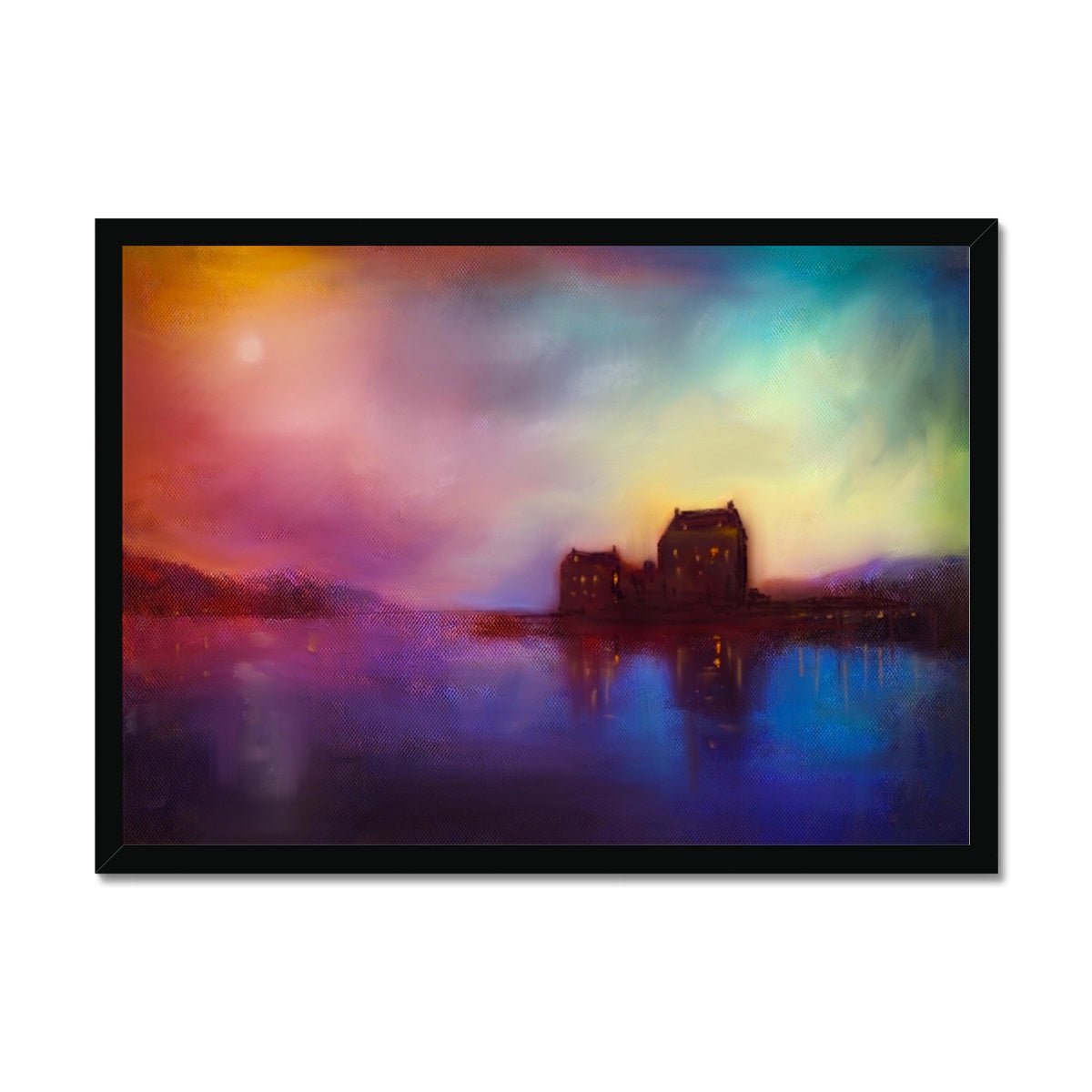 Eilean Donan Castle Sunset Painting | Framed Prints From Scotland-Framed Prints-Historic & Iconic Scotland Art Gallery-A2 Landscape-Black Frame-Paintings, Prints, Homeware, Art Gifts From Scotland By Scottish Artist Kevin Hunter
