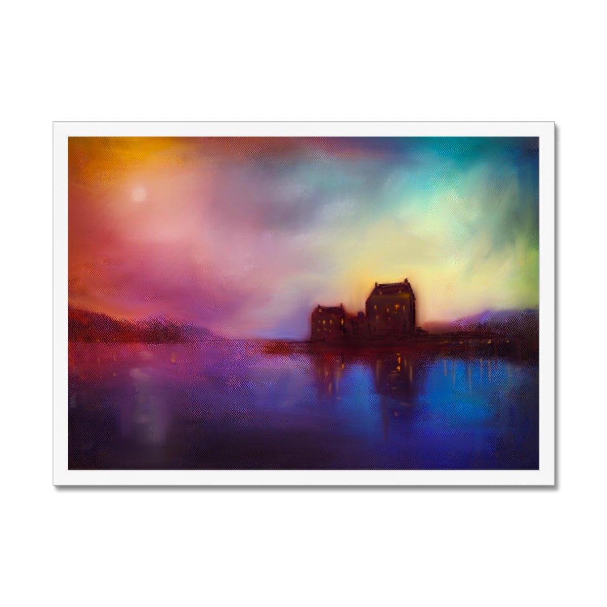 Eilean Donan Castle Sunset Painting | Framed Prints From Scotland-Framed Prints-Historic & Iconic Scotland Art Gallery-A2 Landscape-White Frame-Paintings, Prints, Homeware, Art Gifts From Scotland By Scottish Artist Kevin Hunter