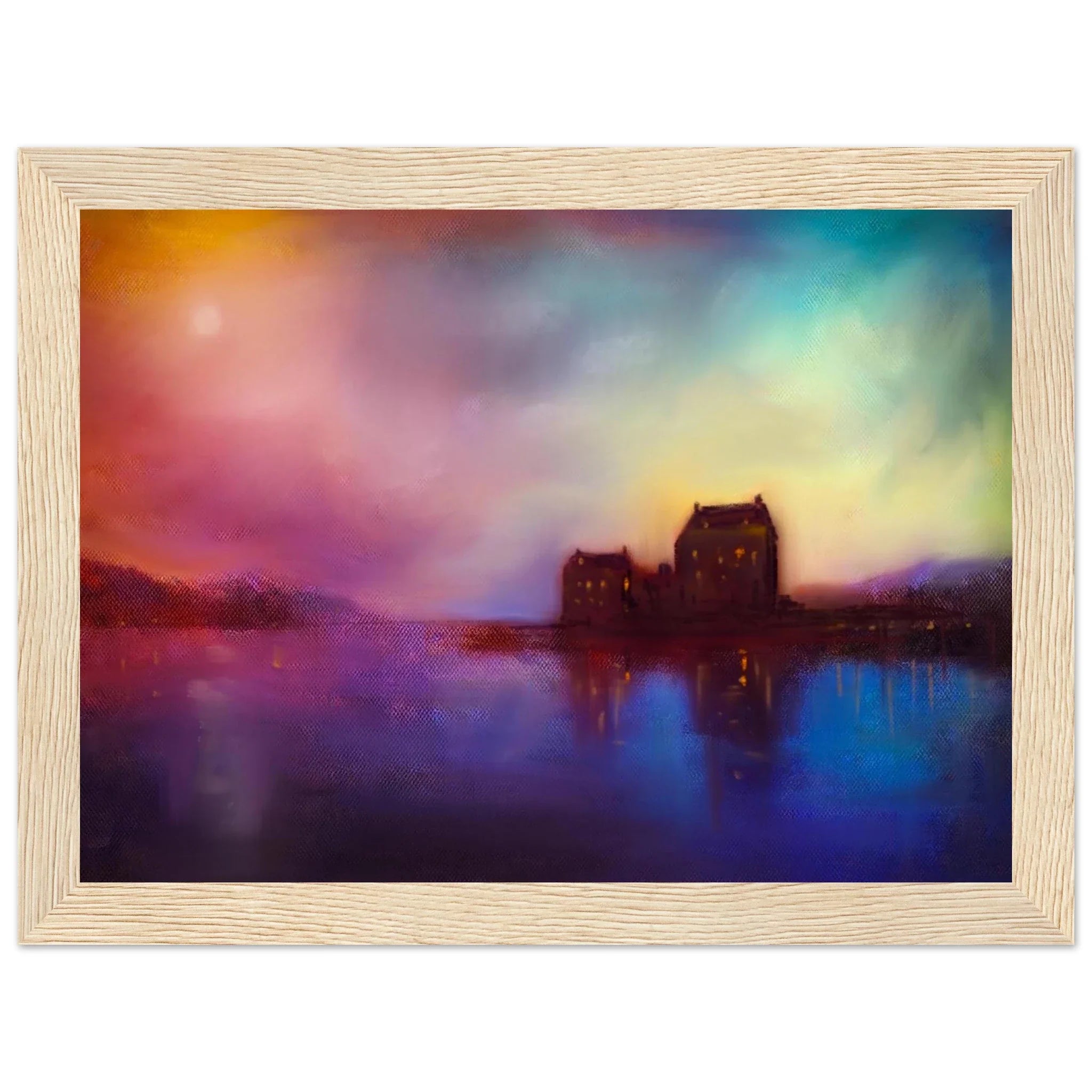 Eilean Donan Castle sunset artwork framed, vibrant orange purple blue sky reflection on water