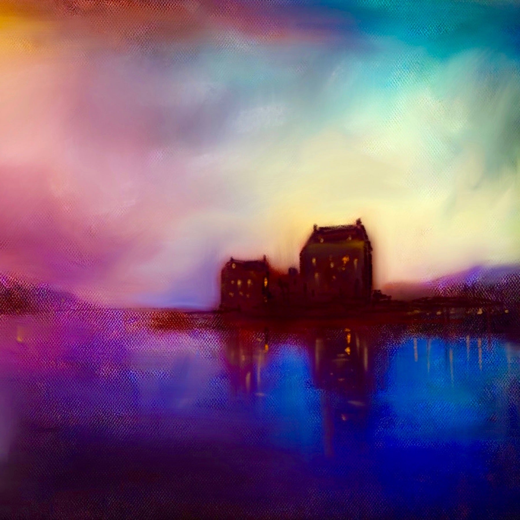 Painting of Eilean Donan Castle at sunset reflected in water for Scotland In Your Pocket