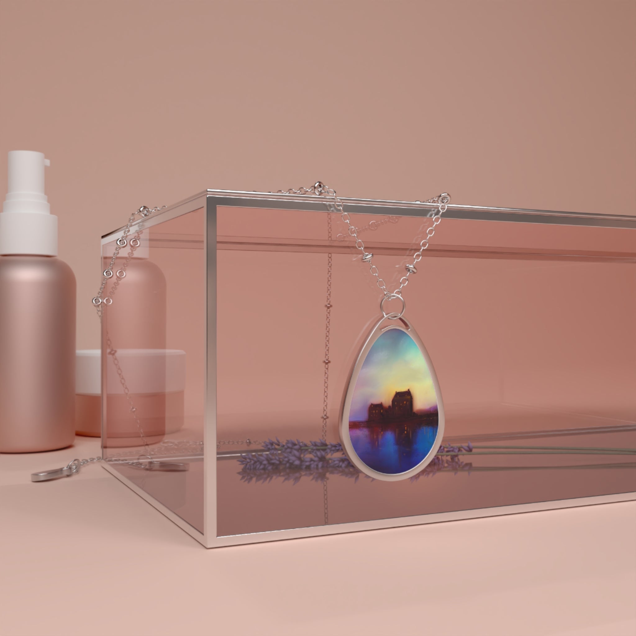 Silver necklace with teardrop iridescent pendant featuring dark Cityscape silhouette