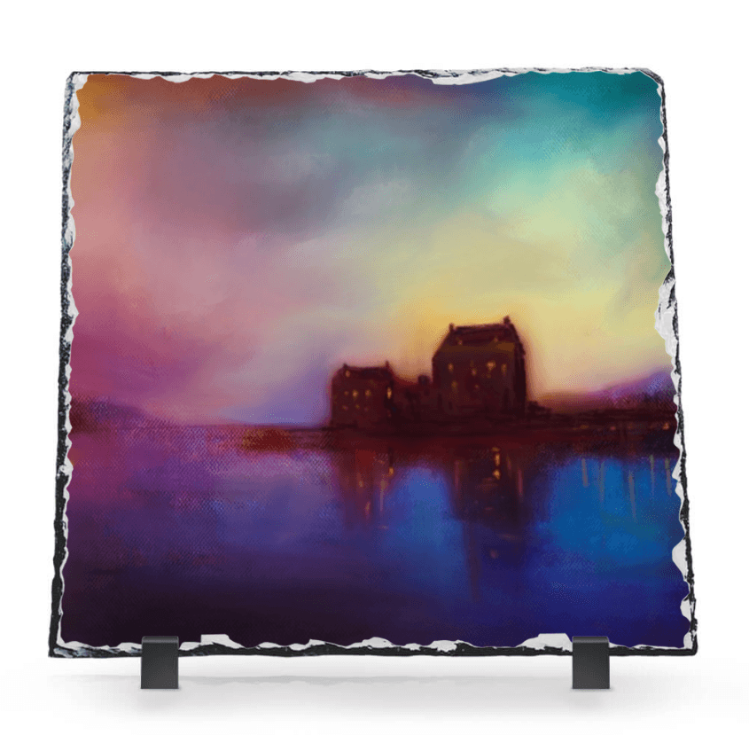 Eilean Donan Castle Sunset Slate Art-Slate Art-Scottish Castles Art Gallery-Paintings, Prints, Homeware, Art Gifts From Scotland By Scottish Artist Kevin Hunter
