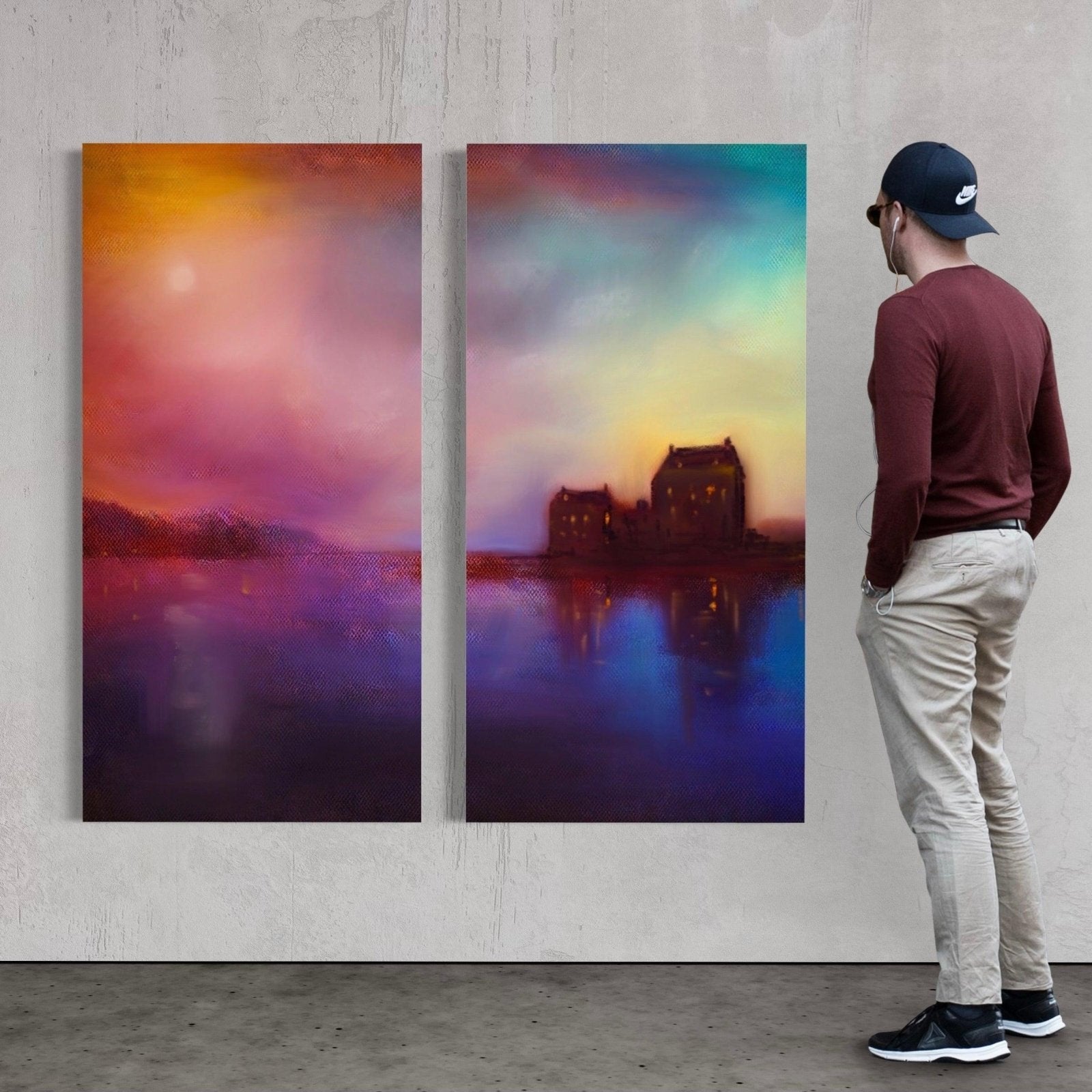 Vibrant impressionist landscape paintings side-by-side on wall in Eilean Donan Castle Sunset interior art