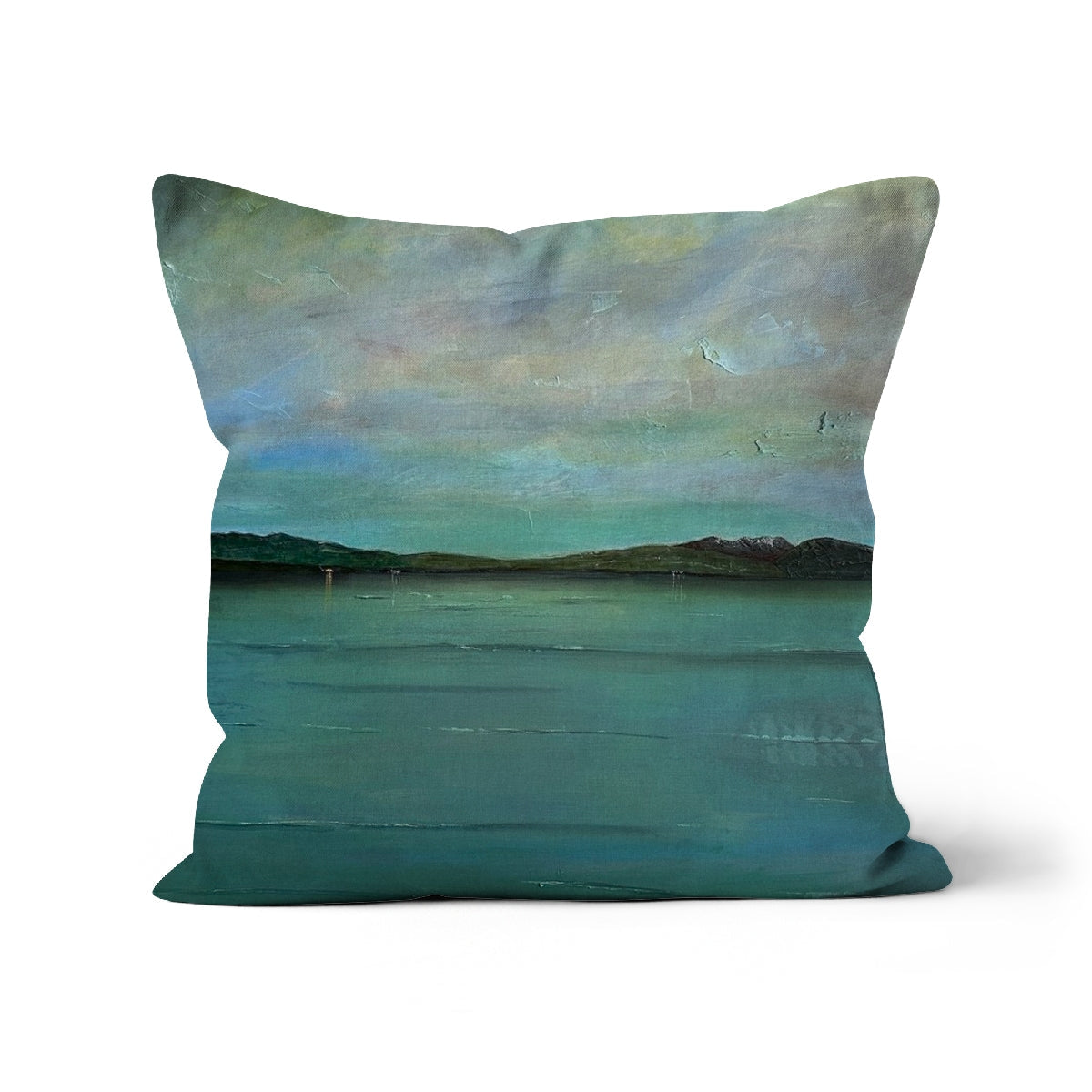 Teal An Emerald Loch Lomond cushion with abstract watercolor landscape