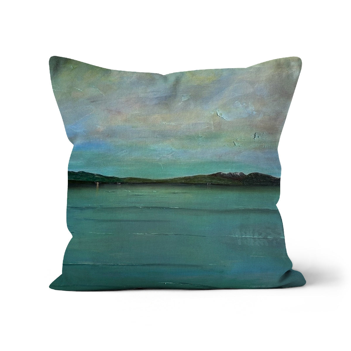 Teal and white Emerald Loch Lomond cushion with serene birds in flight
