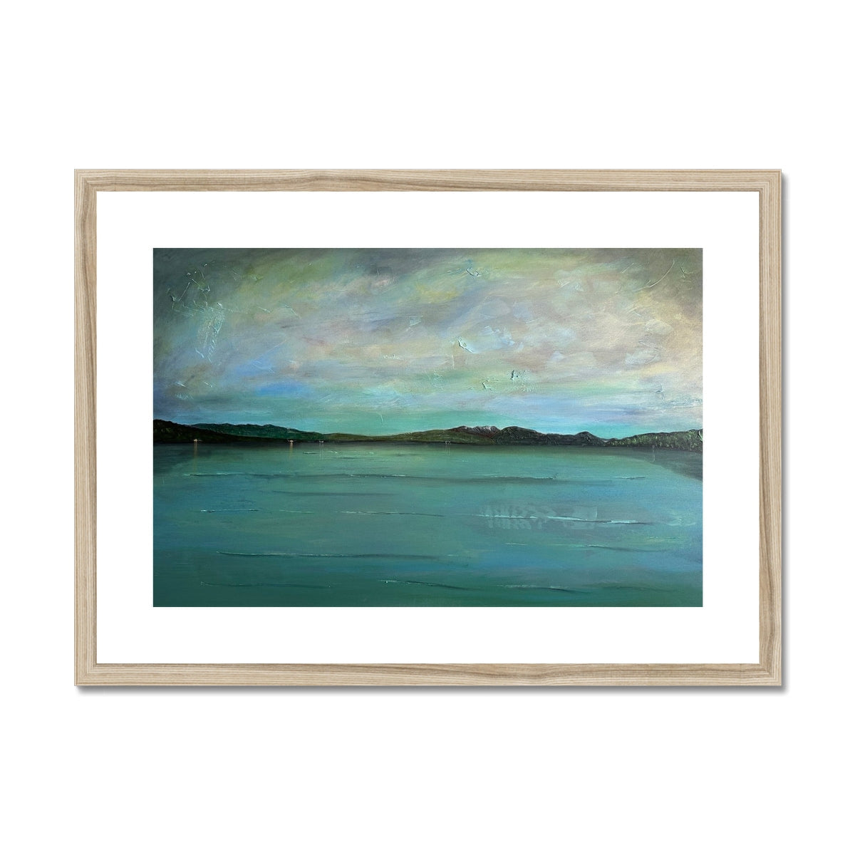 Serene teal and green lake landscape in wooden frame, Emerald Loch Lomond print
