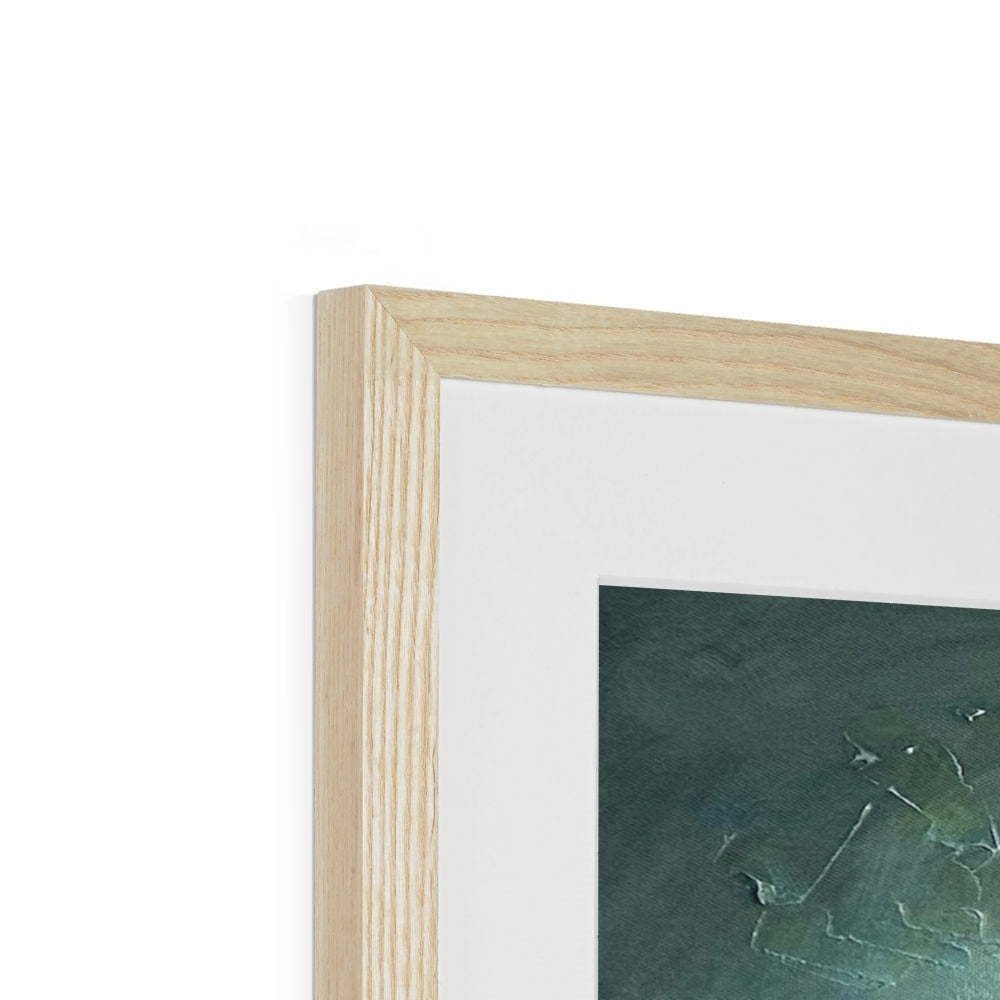 An Emerald Loch Lomond print in light wood frame with white mat and dark green artwork