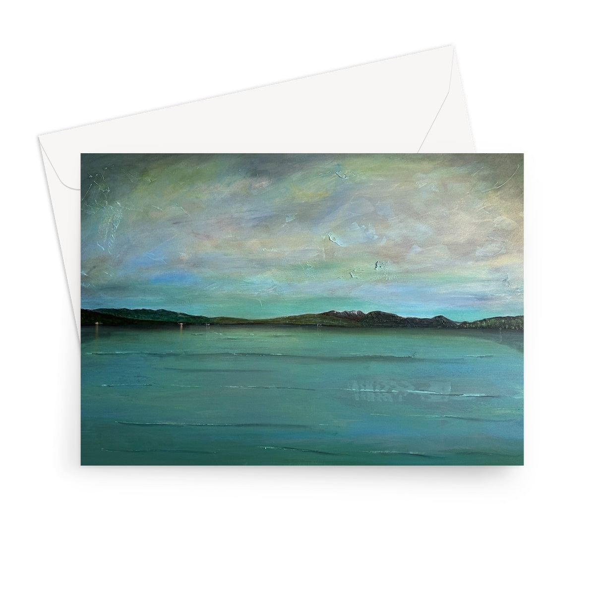 An Emerald Loch Lomond greeting card with blue green abstract landscape and envelope