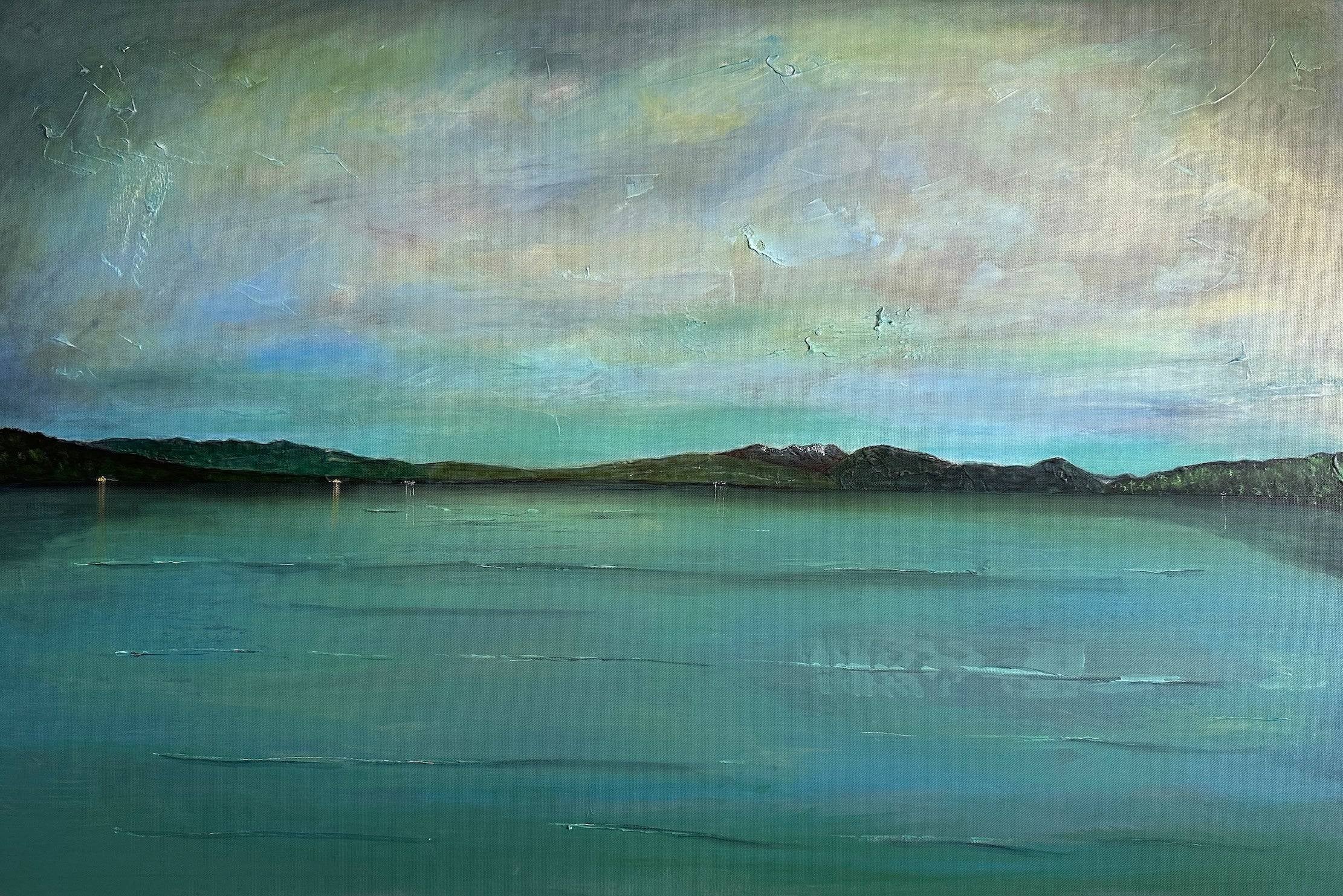 Painting of a serene Scottish lake with hills under a cloudy sky for Loch Lomond wall art