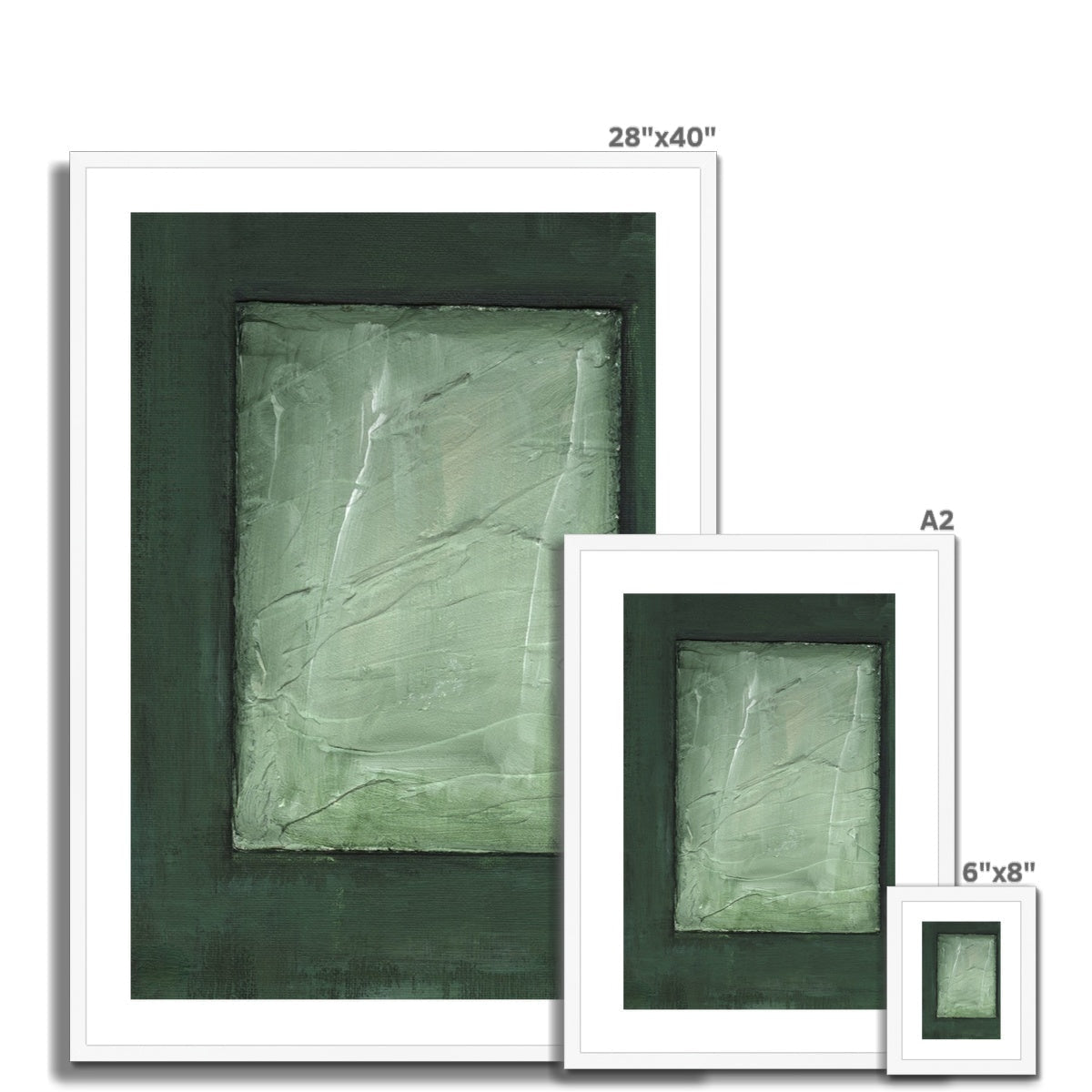 Abstract textured green canvas art in white frame, The Emerald Window