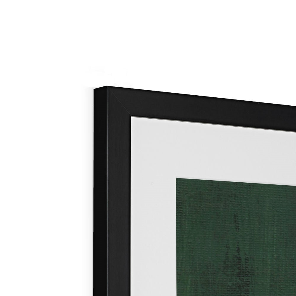 The Emerald Window framed print with black frame, textured dark green canvas, white matting