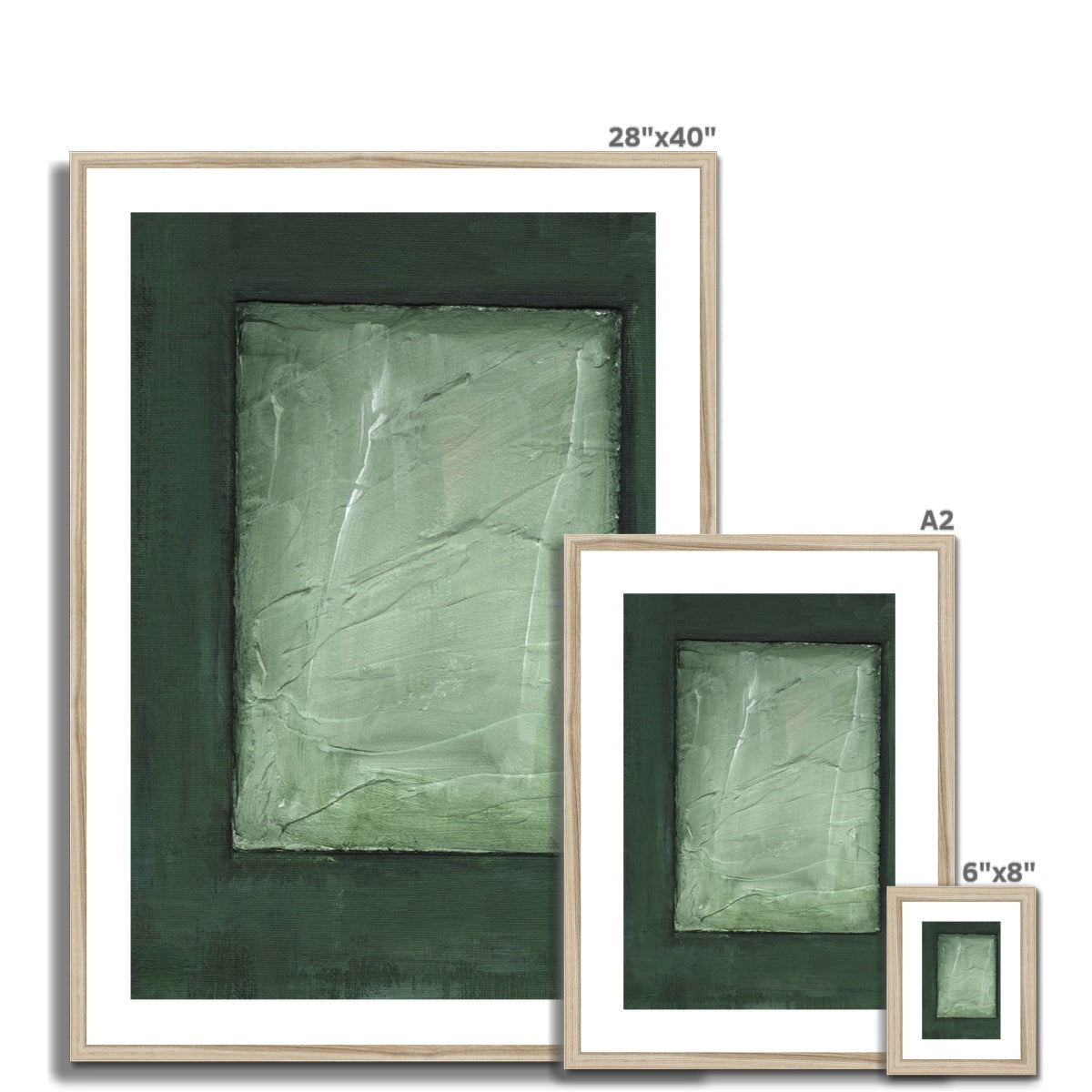 Minimalist sage green and charcoal abstract print, The Emerald Window, framed