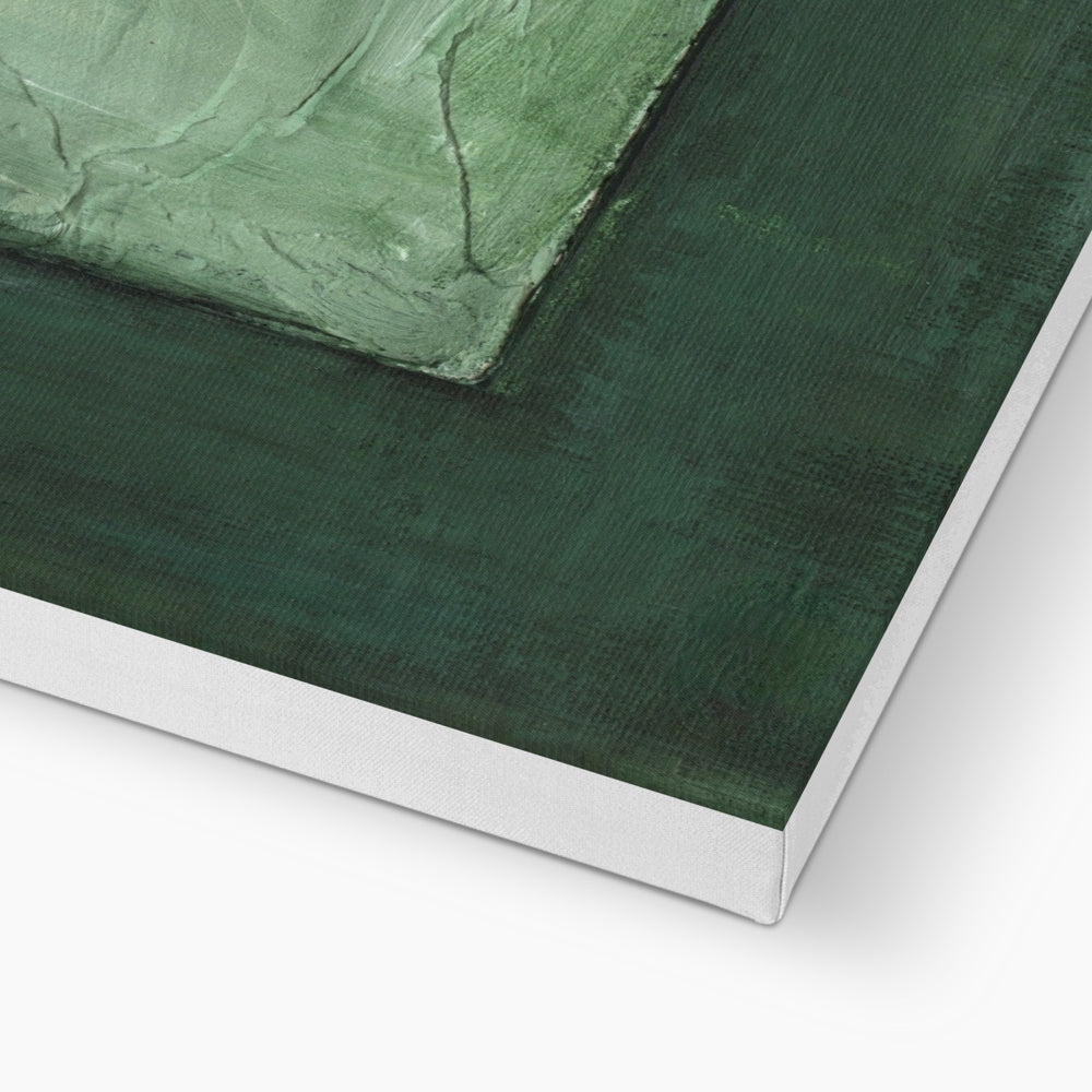 The Emerald Window Canvas: textured green abstract print with white frame