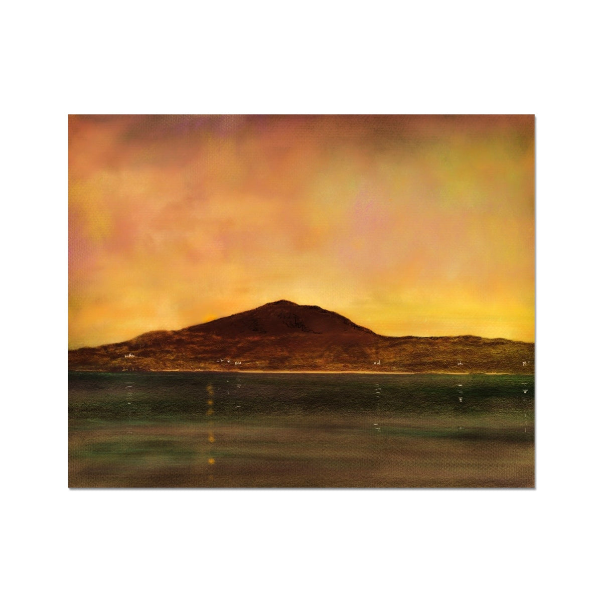 Eriskay Dusk Artist Proof: Mountain silhouette with sunset hues and water reflection