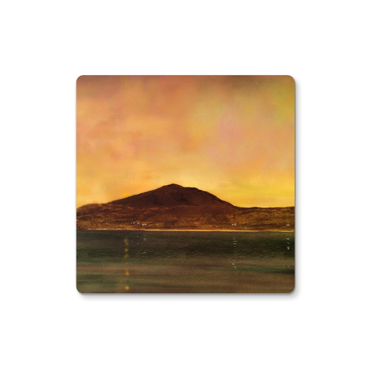 Eriskay Dusk Coaster: yellow orange sunset with mountain silhouette