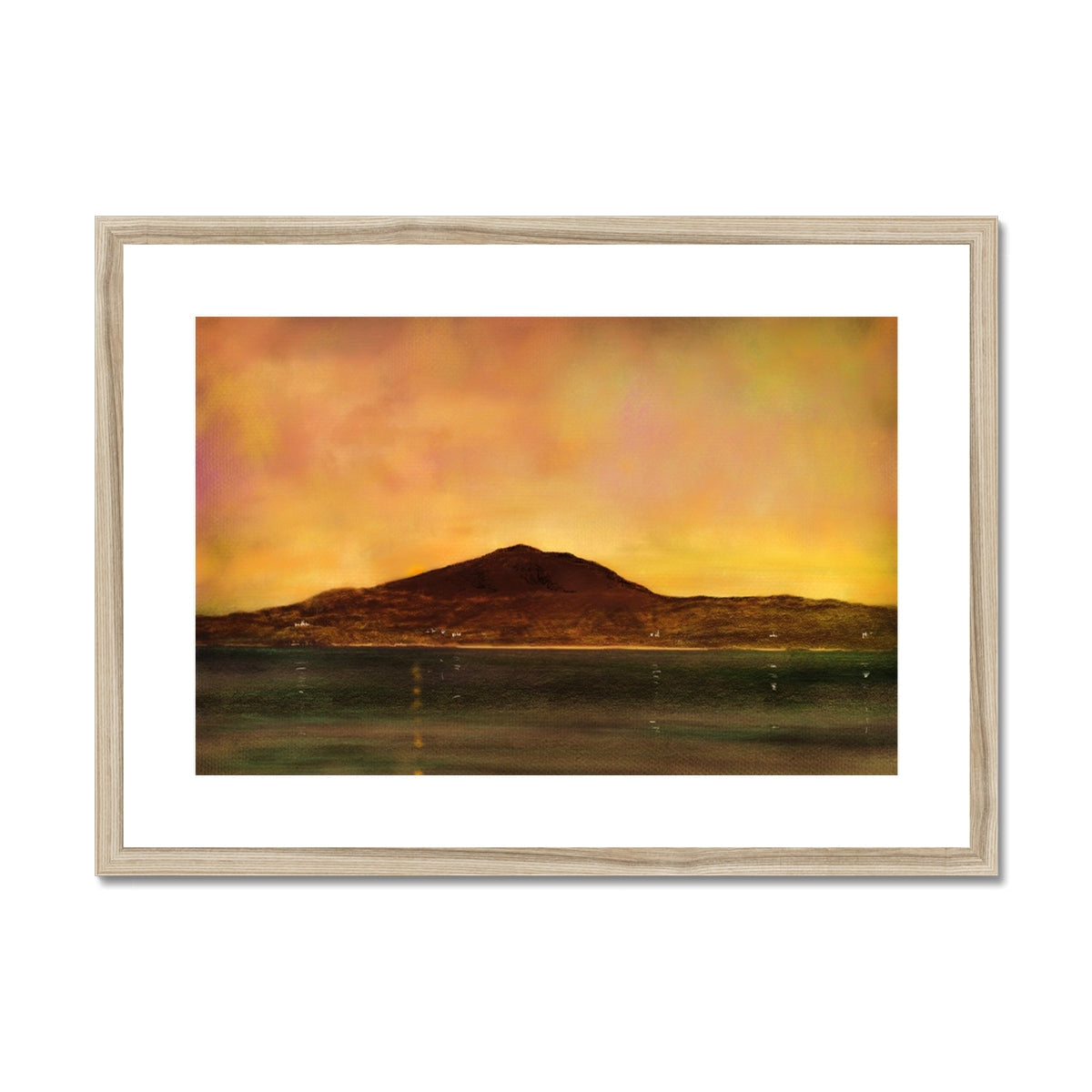 Eriskay Dusk wooden framed canvas print of sunset over water with mountains