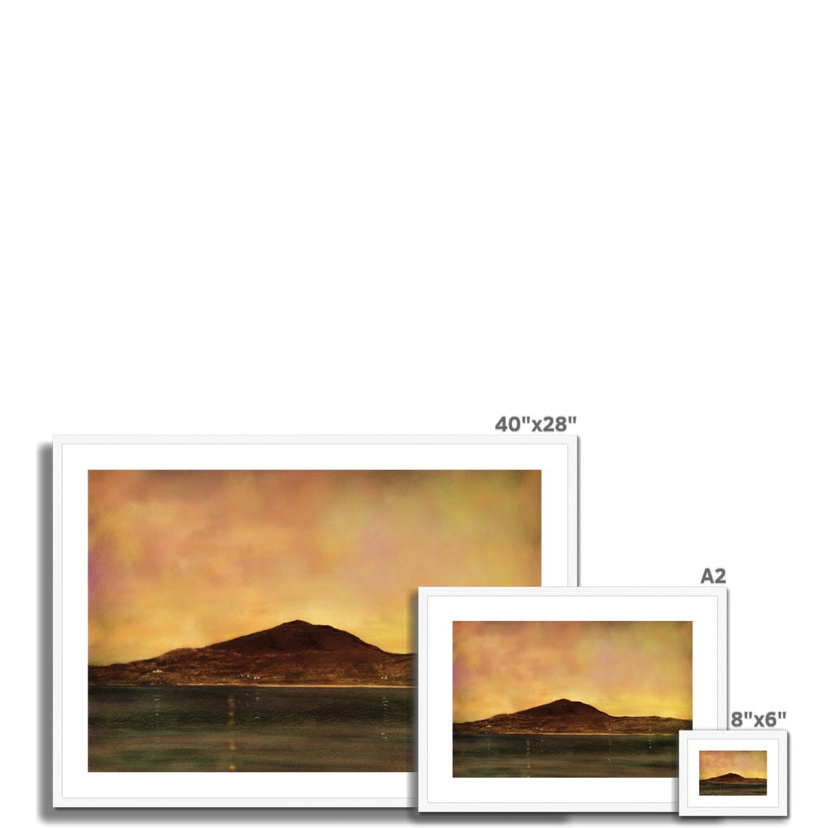 Eriskay Dusk 40x28 framed landscape print with mountain silhouette