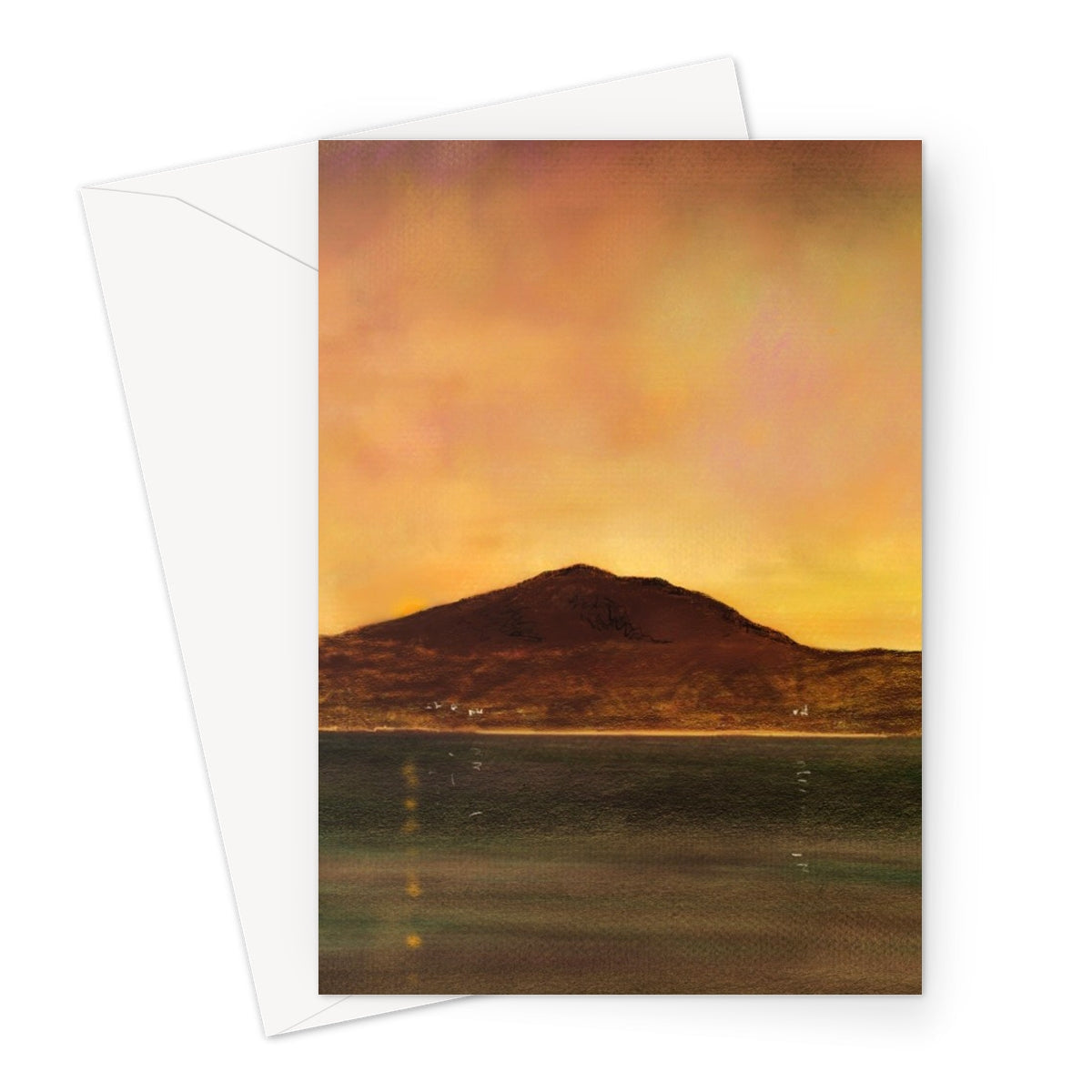 Eriskay Dusk greeting card with mountain silhouette in orange-yellow sky