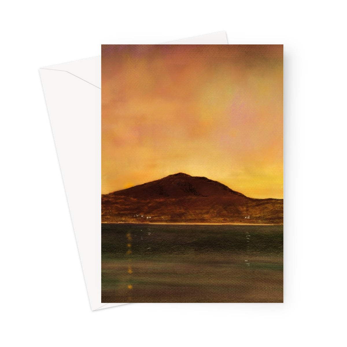 Eriskay Dusk greeting card with red mountain silhouette watercolor effect