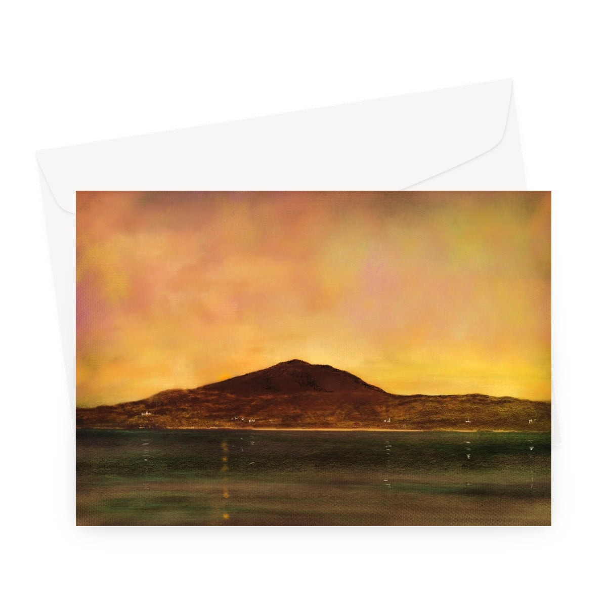 Eriskay Dusk greeting card: red clay volcano, sunset sky, watercolor effect