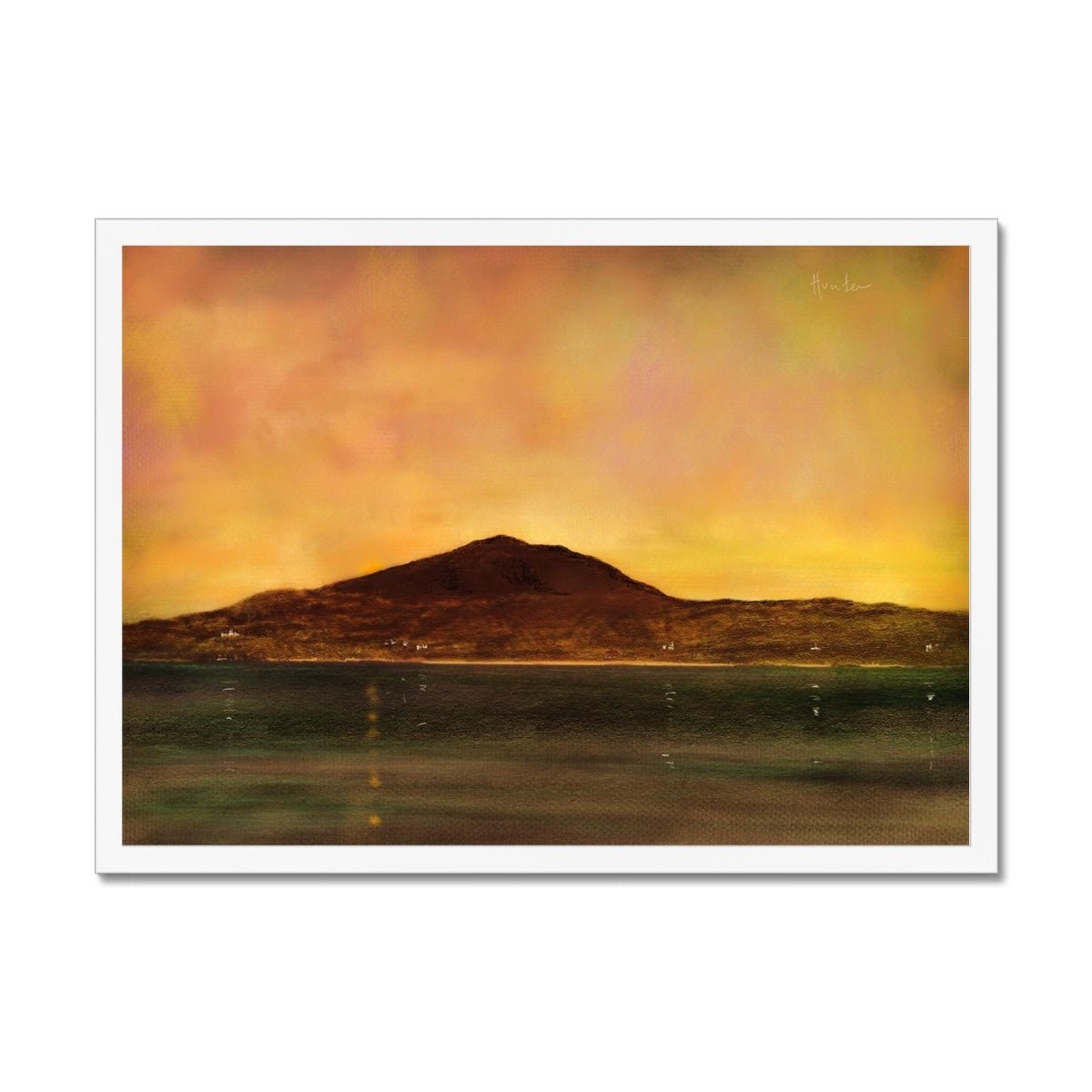 Eriskay Dusk Painting | Framed Prints From Scotland-Framed Prints-Hebridean Islands Art Gallery-A2 Landscape-White Frame-Paintings, Prints, Homeware, Art Gifts From Scotland By Scottish Artist Kevin Hunter