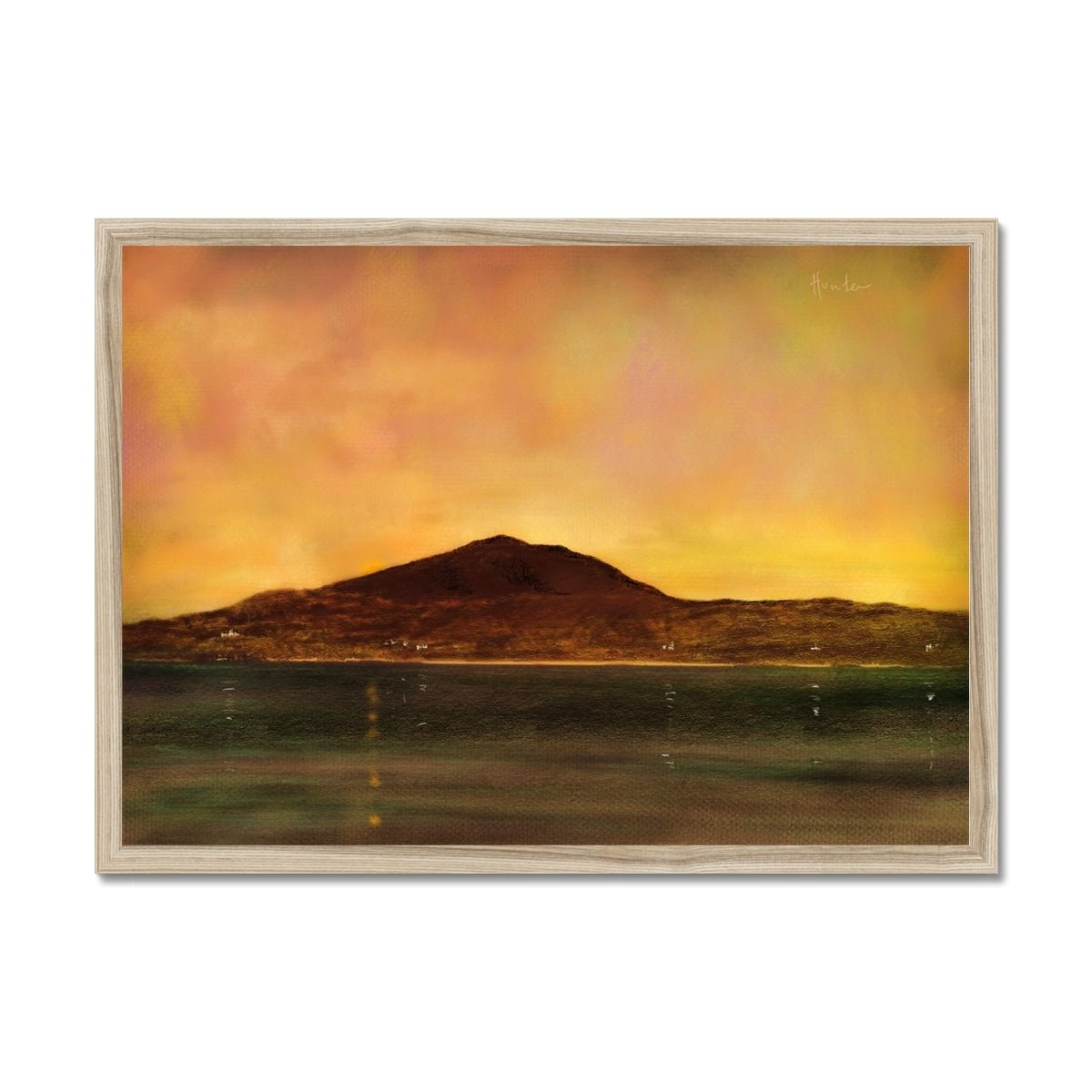 Eriskay Dusk Painting | Framed Prints From Scotland-Framed Prints-Hebridean Islands Art Gallery-A2 Landscape-Natural Frame-Paintings, Prints, Homeware, Art Gifts From Scotland By Scottish Artist Kevin Hunter