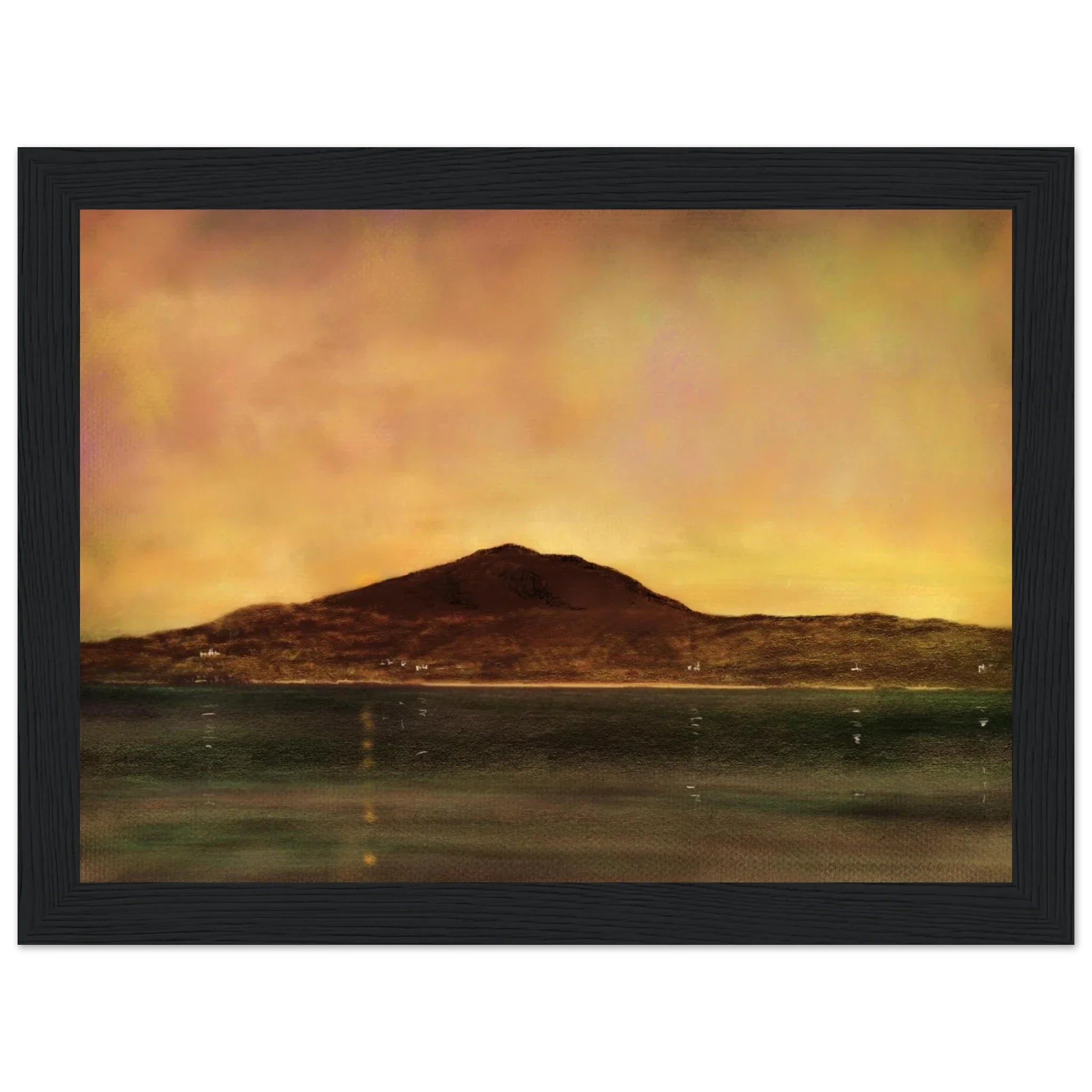 Eriskay Dusk artwork: serene island silhouette in amber-gold sky over calm waters