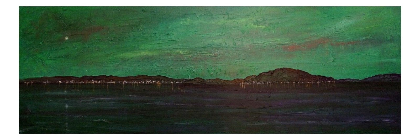 Vibrant green and dark blue abstract landscape painting of a night sky over water for An Ethereal Clyde Night Panoramic Prints