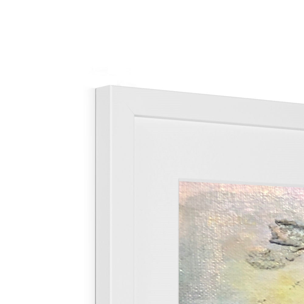 White framed abstract An Ethereal Loch Na Dal Skye art print in pink gold hues