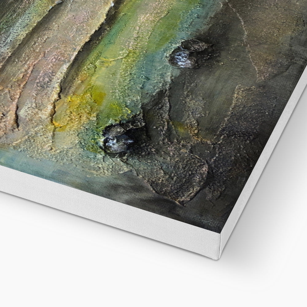 An Ethereal Loch Na Dal Skye abstract canvas print with textured greens, yellows, grays