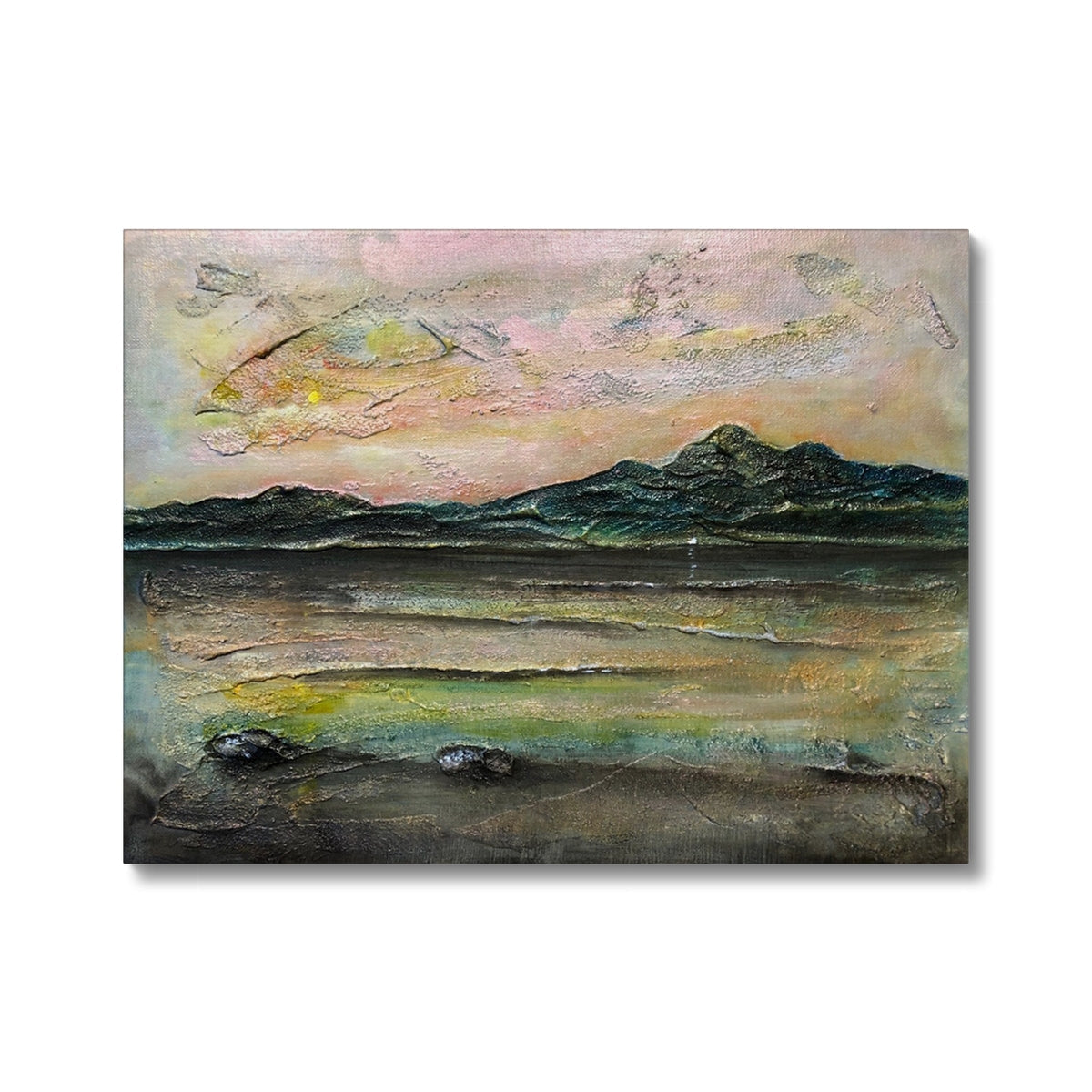 An Ethereal Loch Na Dal Skye abstract canvas print with textured pinks, yellows, greens over mountain silhouettes