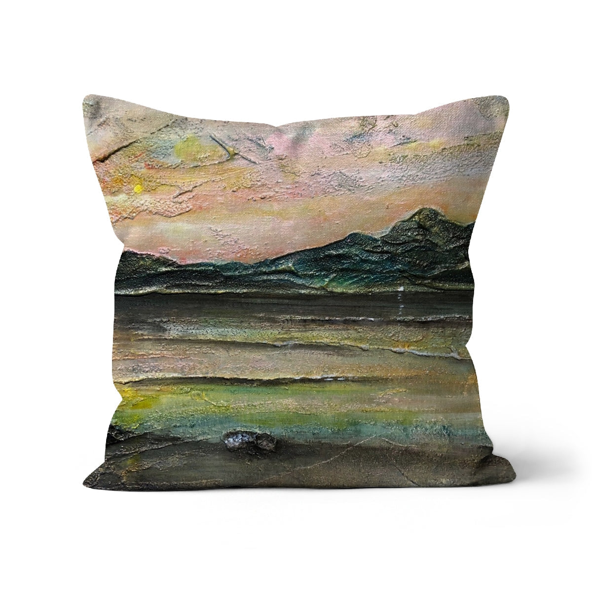 Square cushion with impressionistic Loch Na Dal Skye landscape in pink, yellow, green, and gray hues