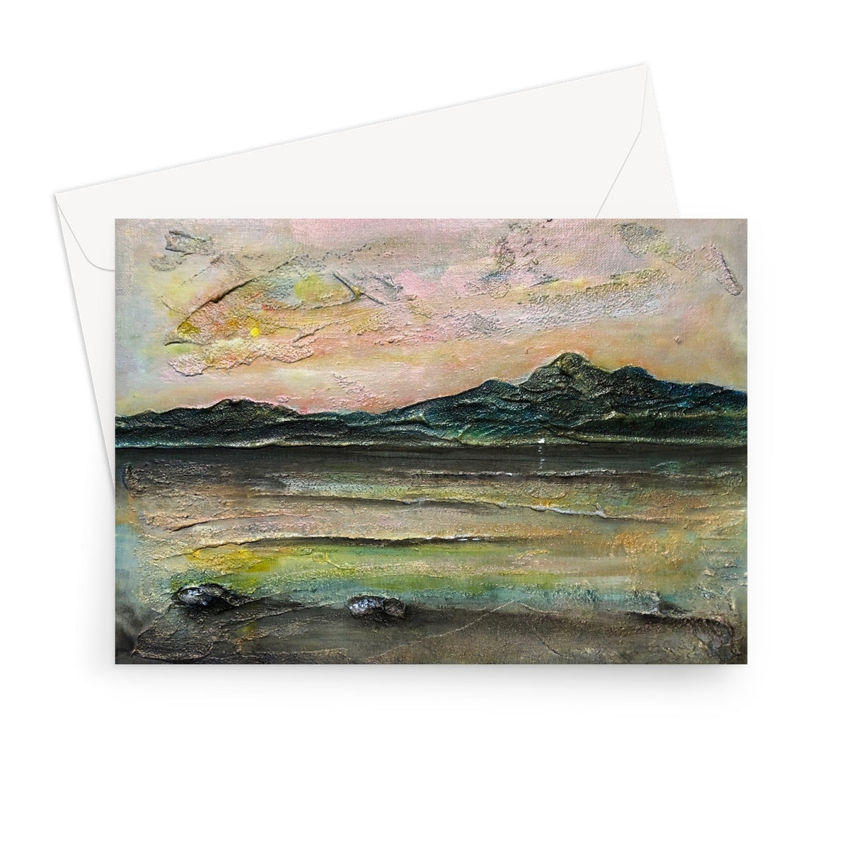 An Ethereal Loch Na Dal Skye greeting card with impressionistic mountains under pink sky