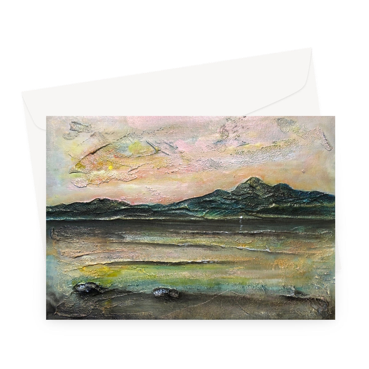 An Ethereal Loch Na Dal Skye greeting card with textured painted landscape