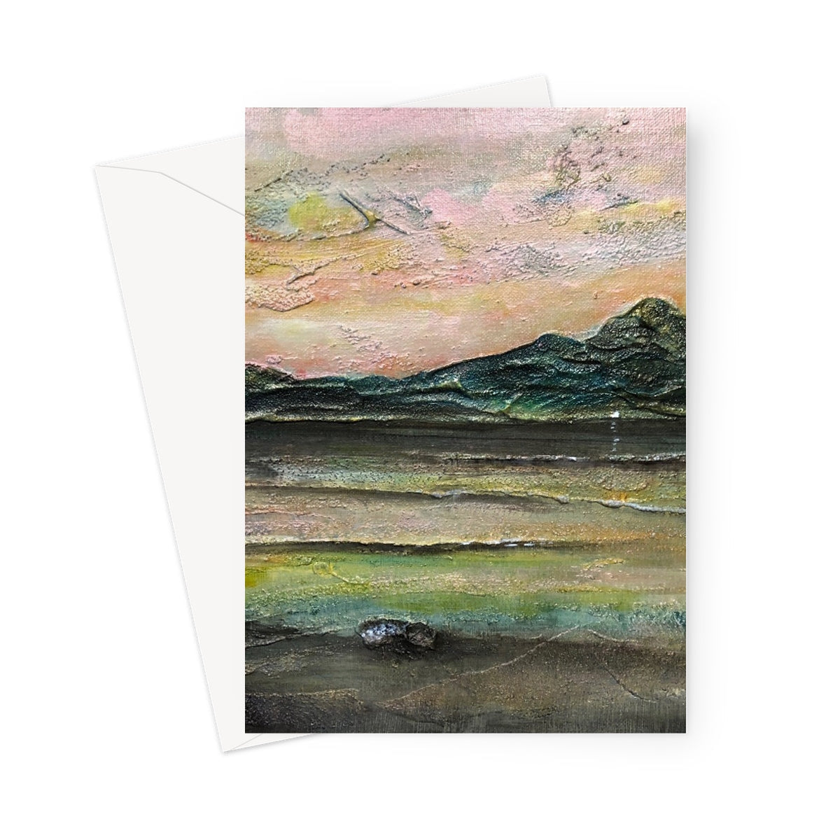 An Ethereal Loch Na Dal Skye greeting card with textured pink, peach, green hues and silhouetted mountains
