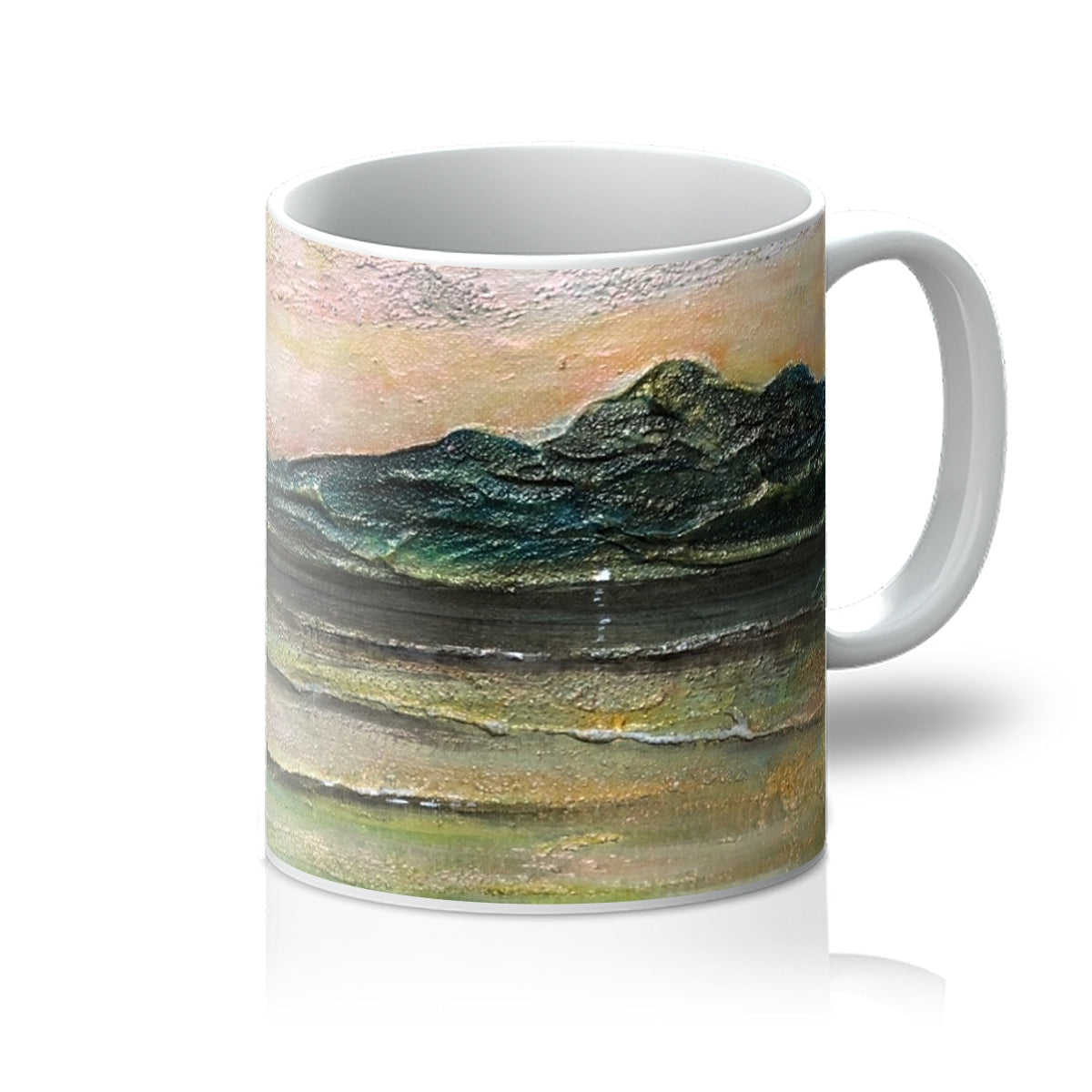 White ceramic An Ethereal Loch Na Dal Skye Mug with impressionistic landscape