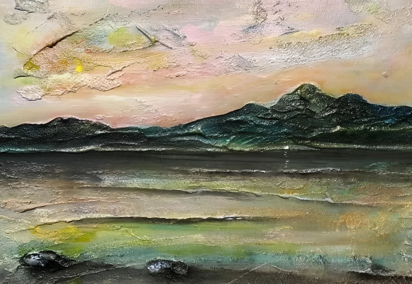 Textured landscape painting of Loch Na Dal Skye in the An Ethereal Loch Na Dal Skye Original Painting