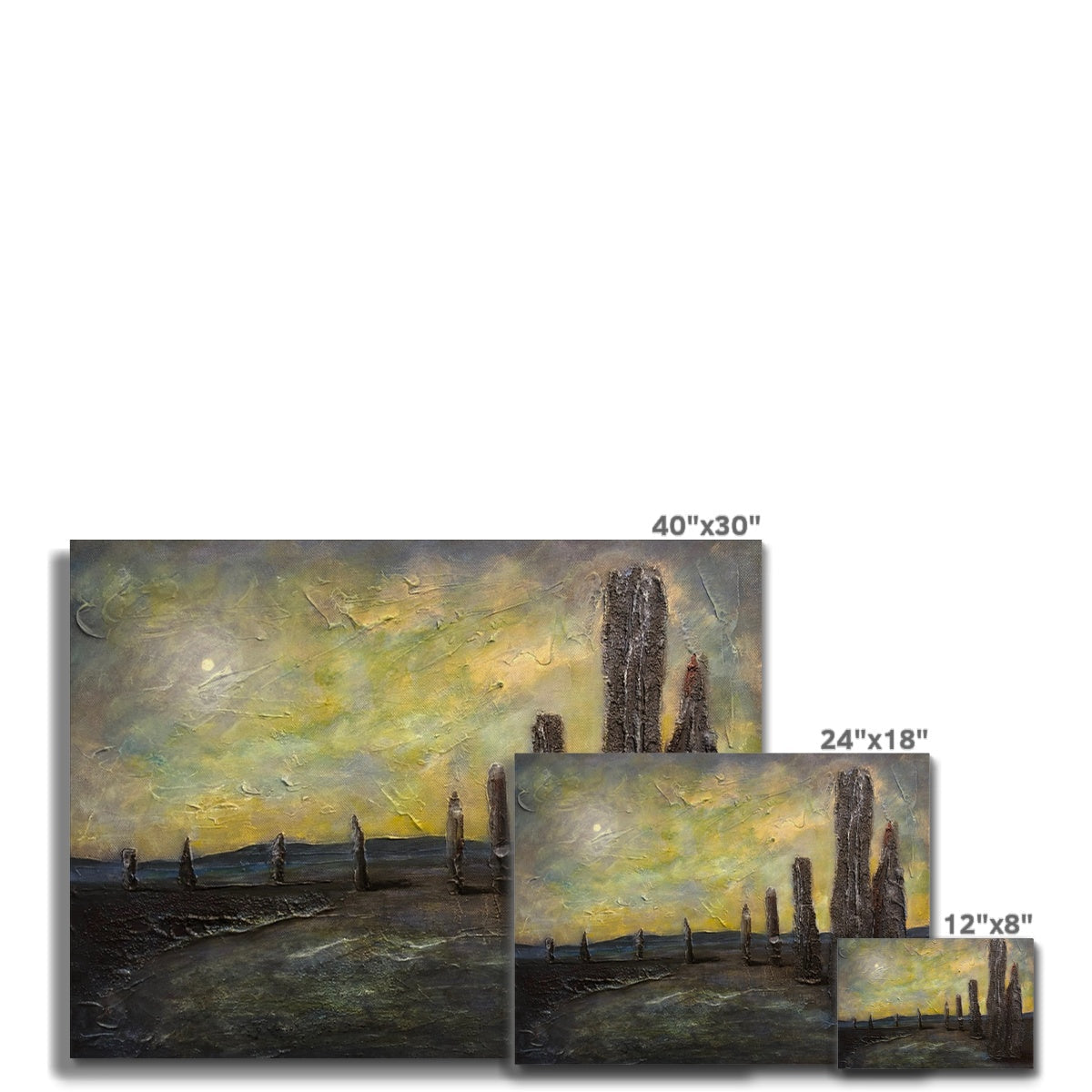40x30 inch Ethereal Ring of Brodgar abstract landscape canvas print in yellow gray with textured brushstrokes and wooden frame