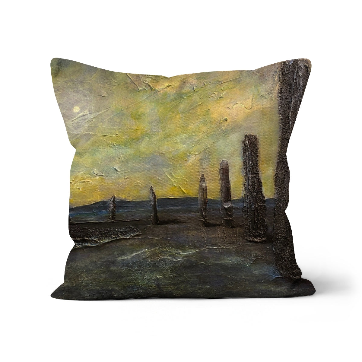 Yellow and gray abstract textured art on Brodgar cushion
