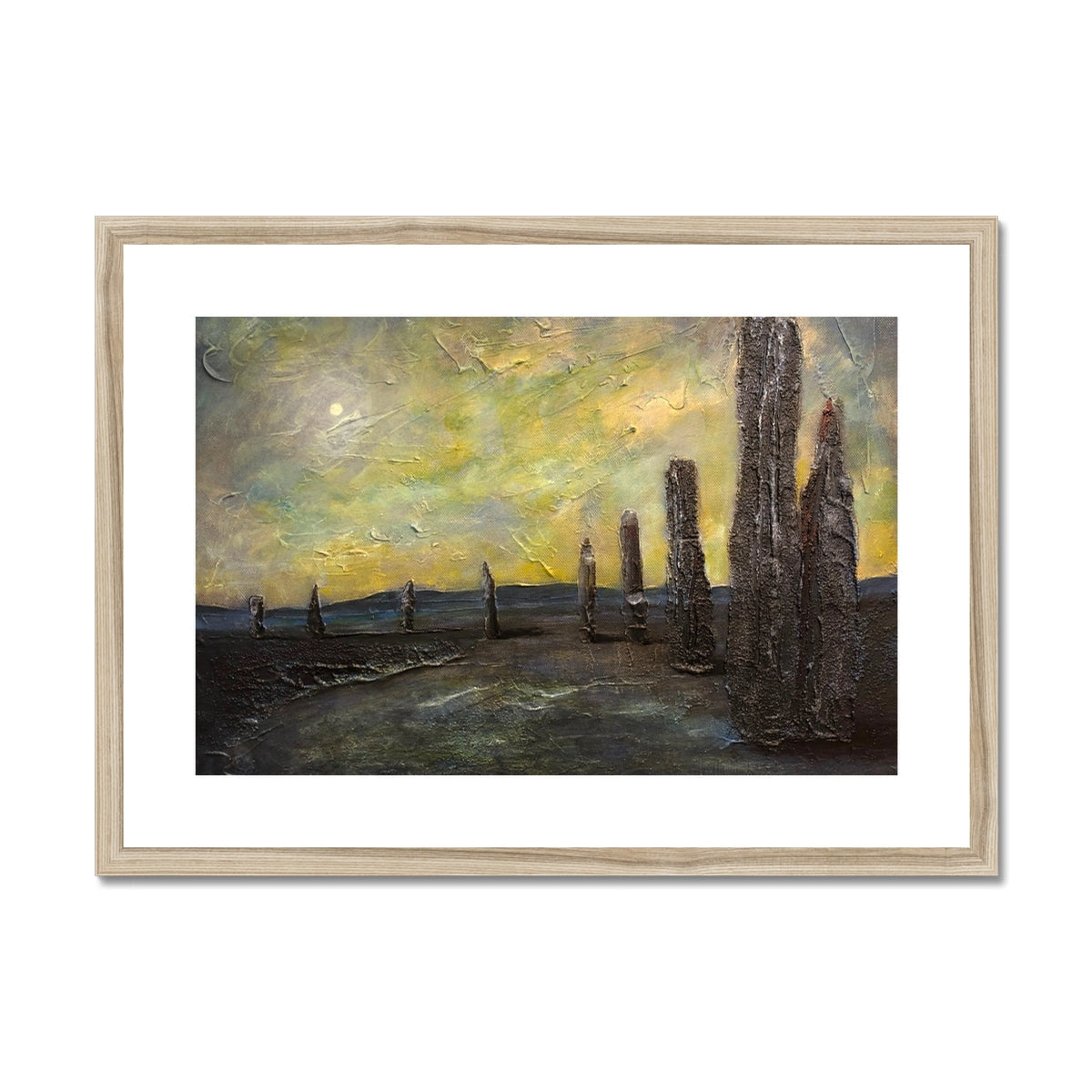 Gold rectangular frame with Ethereal Ring of Brodgar abstract landscape art print