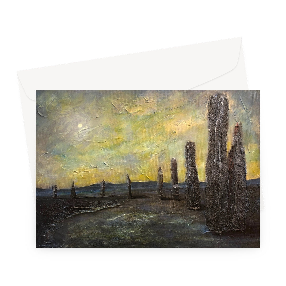 Black stone monolith art card with textured surface and yellow sky background