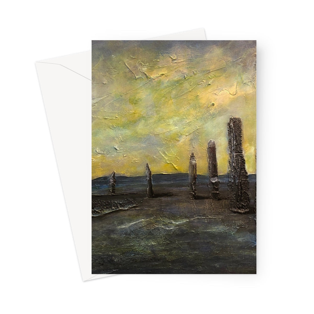 Yellow green abstract Brodgar greeting card with textured stone structures