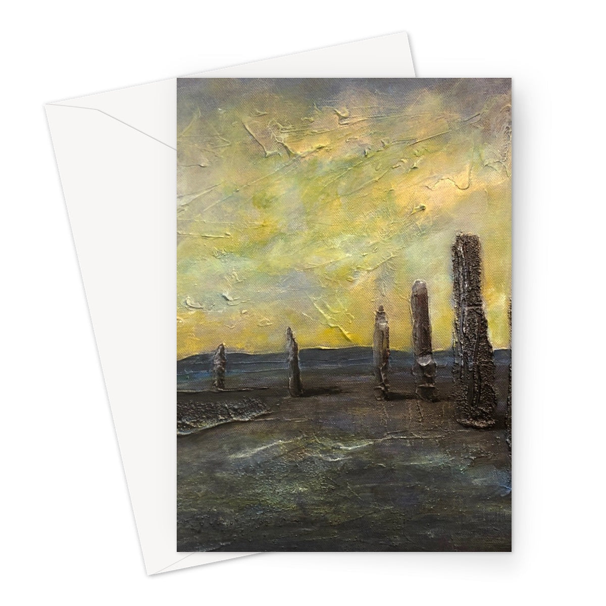 Yellow and gray abstract landscape greeting card with textured stone pillars