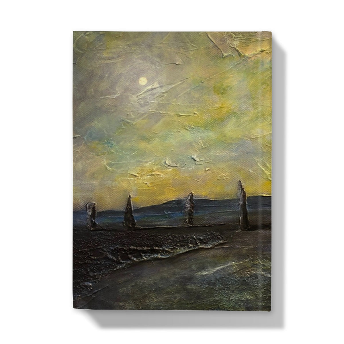 Yellow and gray abstract landscape journal cover art with textured brushstrokes