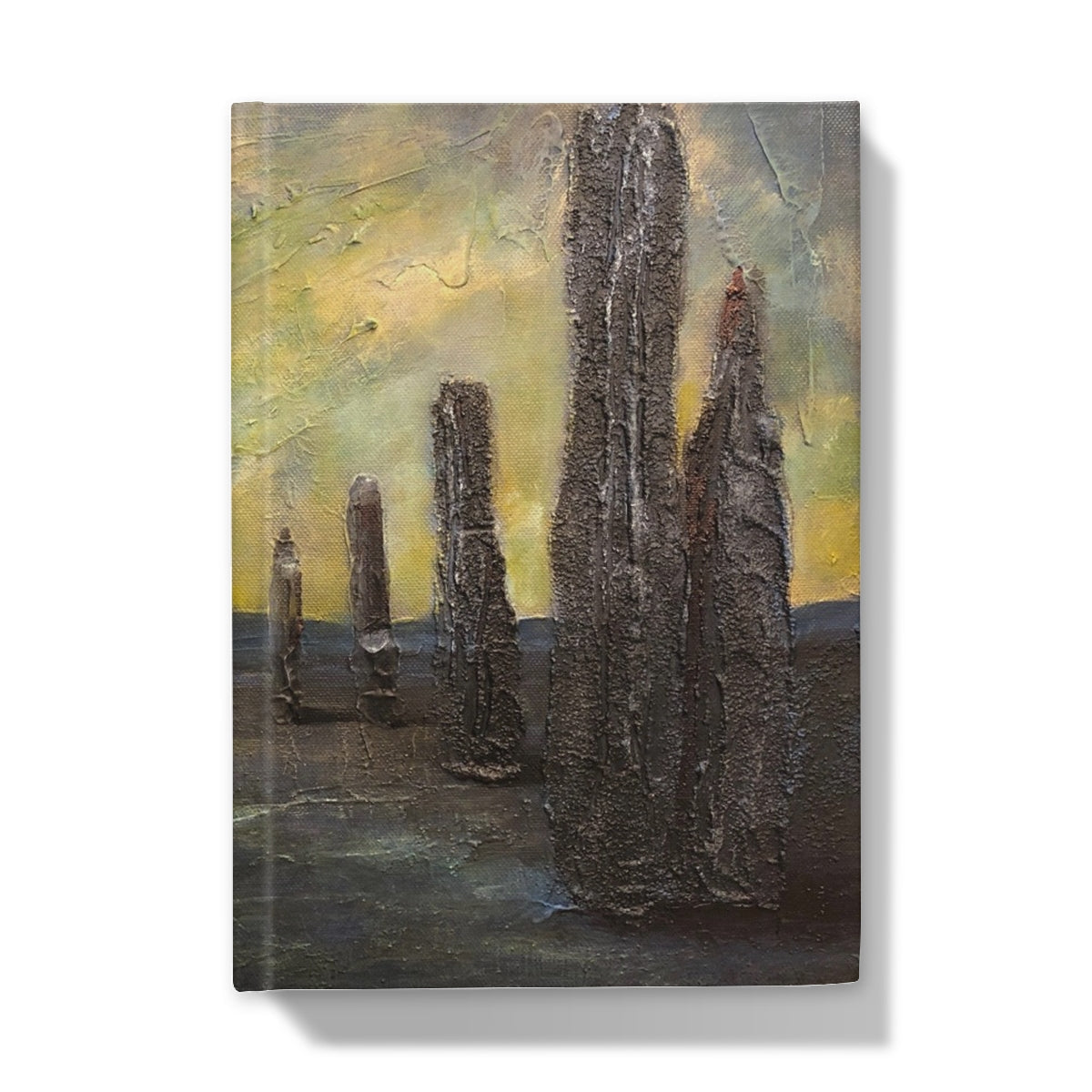 An Ethereal Ring of Brodgar journal with black tree stump wall art canvas