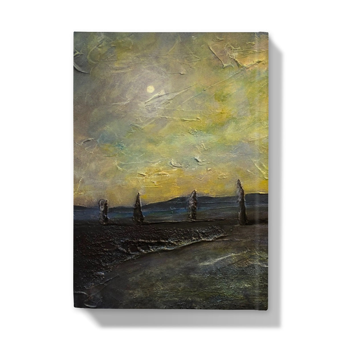 Yellow and gray abstract landscape journal cover with textured brushstrokes