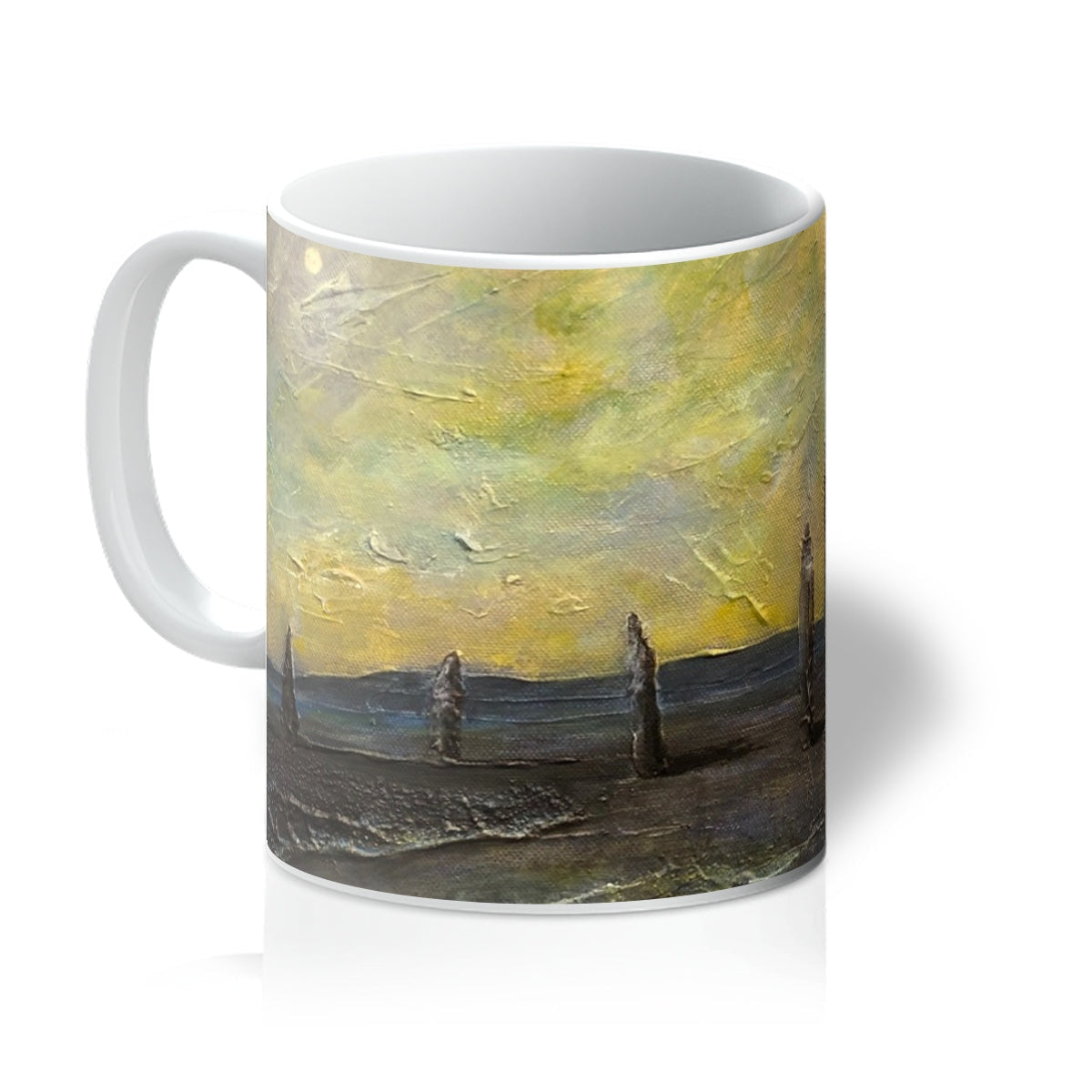 Ceramic An Ethereal Ring Of Brodgar Mug with abstract landscape in muted yellow and gray