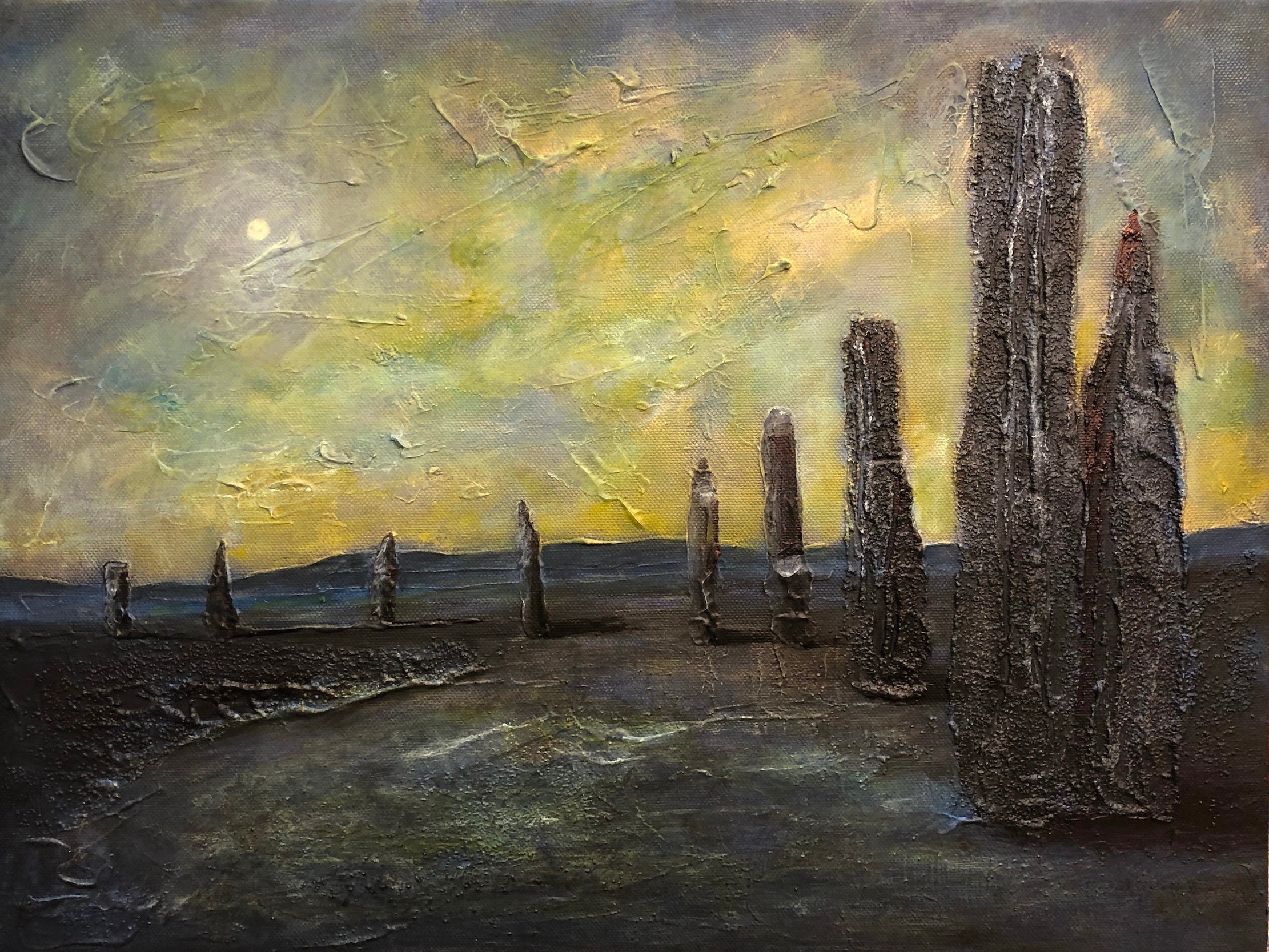 Textured standing stones under a yellow sky in An Ethereal Ring of Brodgar Original Painting